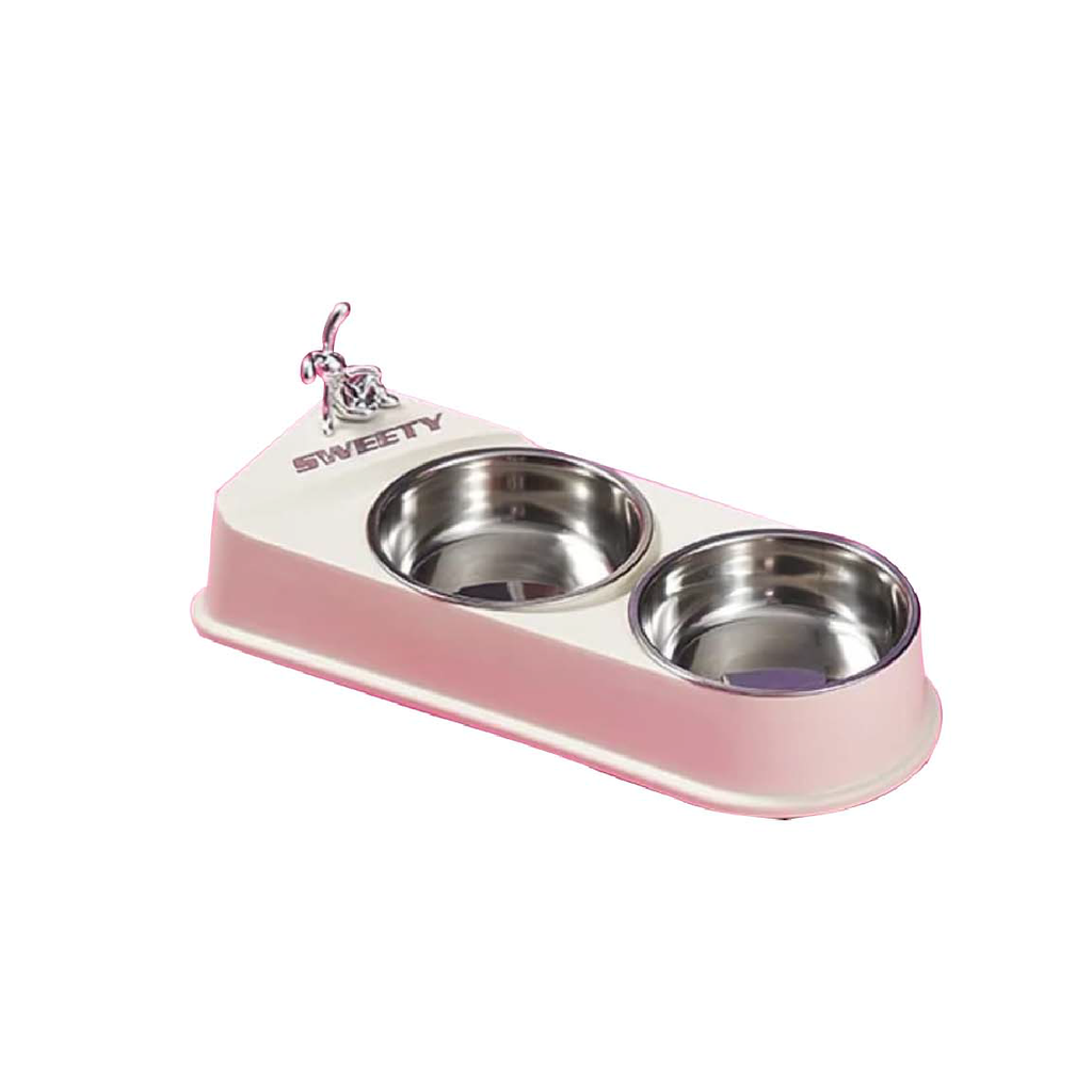 Saas Steel Dual Bowls Rabbit Knot White 32.5 X 13.5 X 6 CM